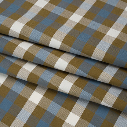Cotton Oxford Shirting - Olive Brown, White and Blue Big Tattersall Check - Deadstock