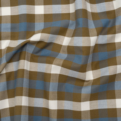 Cotton Oxford Shirting - Olive Brown, White and Blue Big Tattersall Check - Deadstock