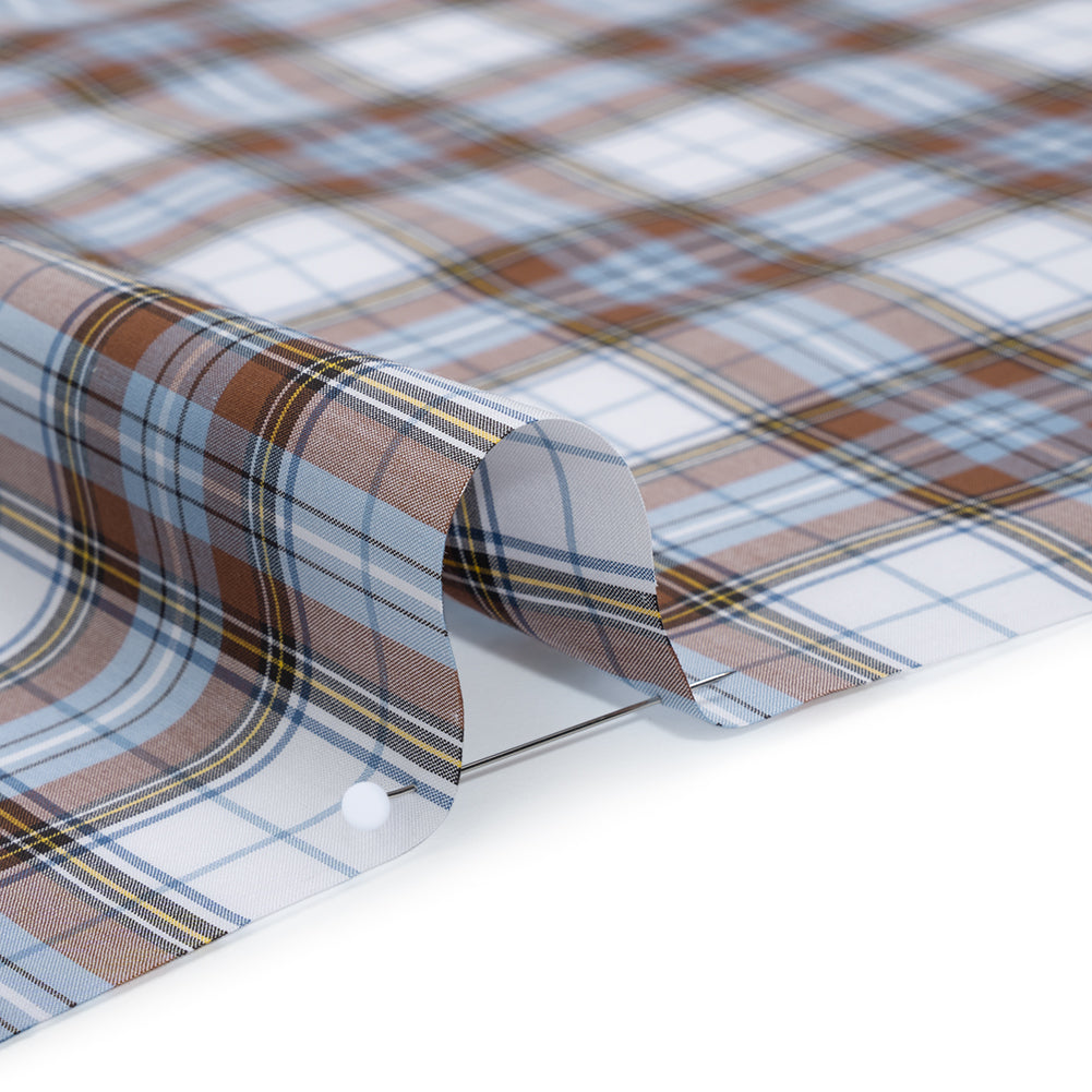 Cotton Shirting Made in Italy - Russet Brown, Country Blue and White Plaid - Designer Deadstock