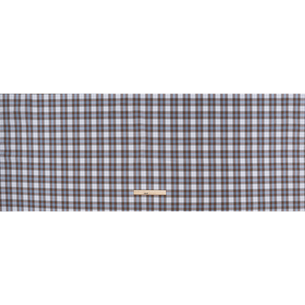 Cotton Shirting Made in Italy - Russet Brown, Country Blue and White Plaid - Designer Deadstock