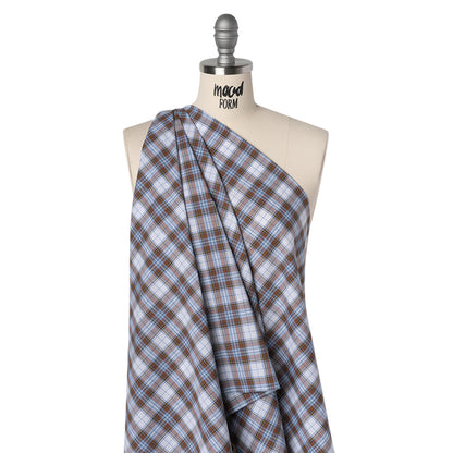 Cotton Shirting Made in Italy - Russet Brown, Country Blue and White Plaid - Designer Deadstock