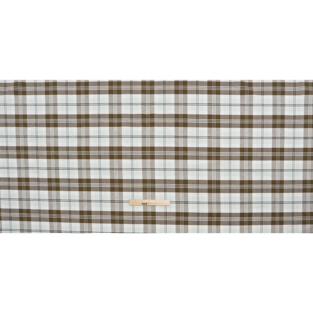 Cotton Oxford Shirting - Palest Aqua, Brown and Black Plaid - Designer Deadstock