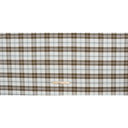 Cotton Oxford Shirting - Palest Aqua, Brown and Black Plaid - Designer Deadstock