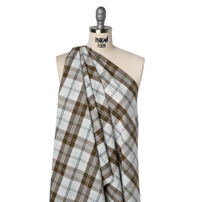 Cotton Oxford Shirting - Palest Aqua, Brown and Black Plaid - Designer Deadstock
