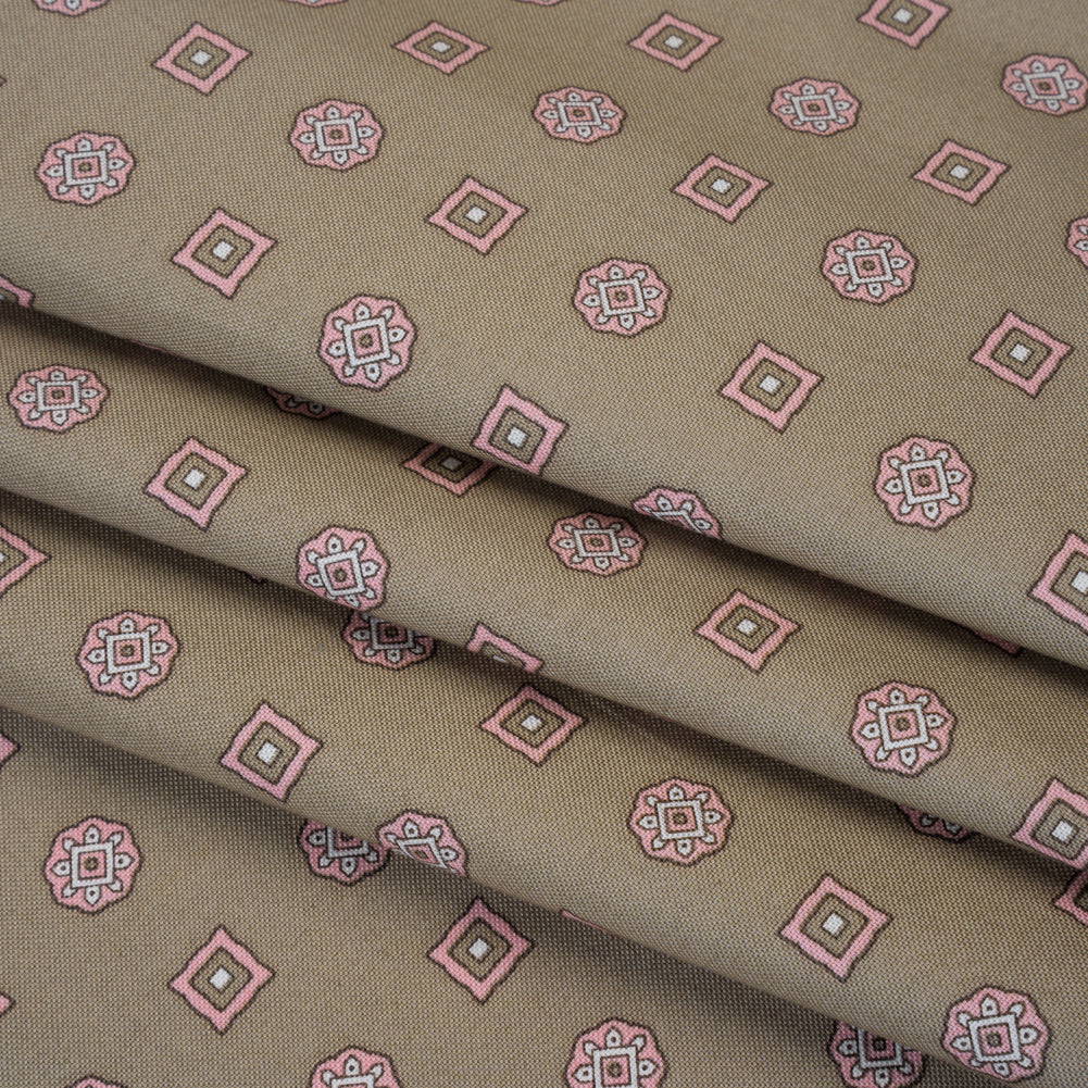 Cotton Oxford Shirting Print - Warm Gray, Baby Pink and White Medallions and Squares - Deadstock