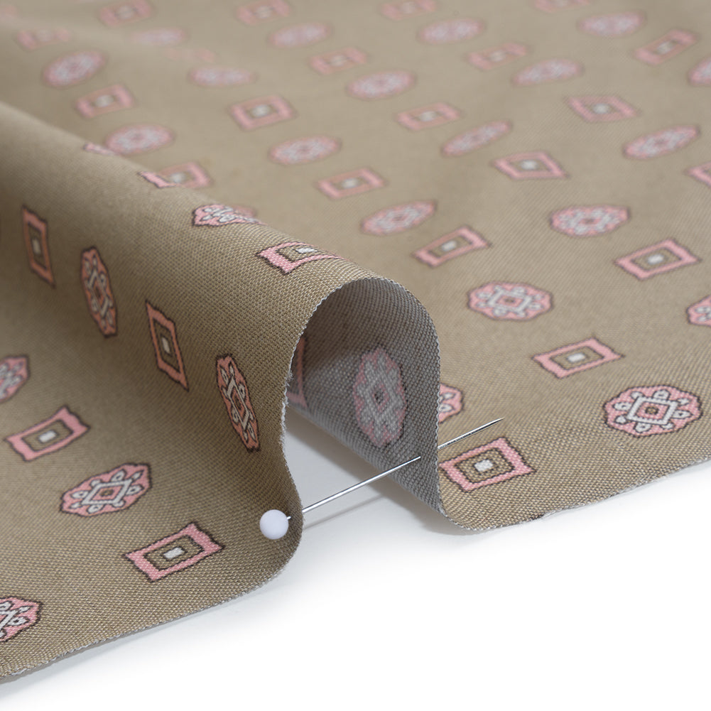 Cotton Oxford Shirting Print - Warm Gray, Baby Pink and White Medallions and Squares - Deadstock