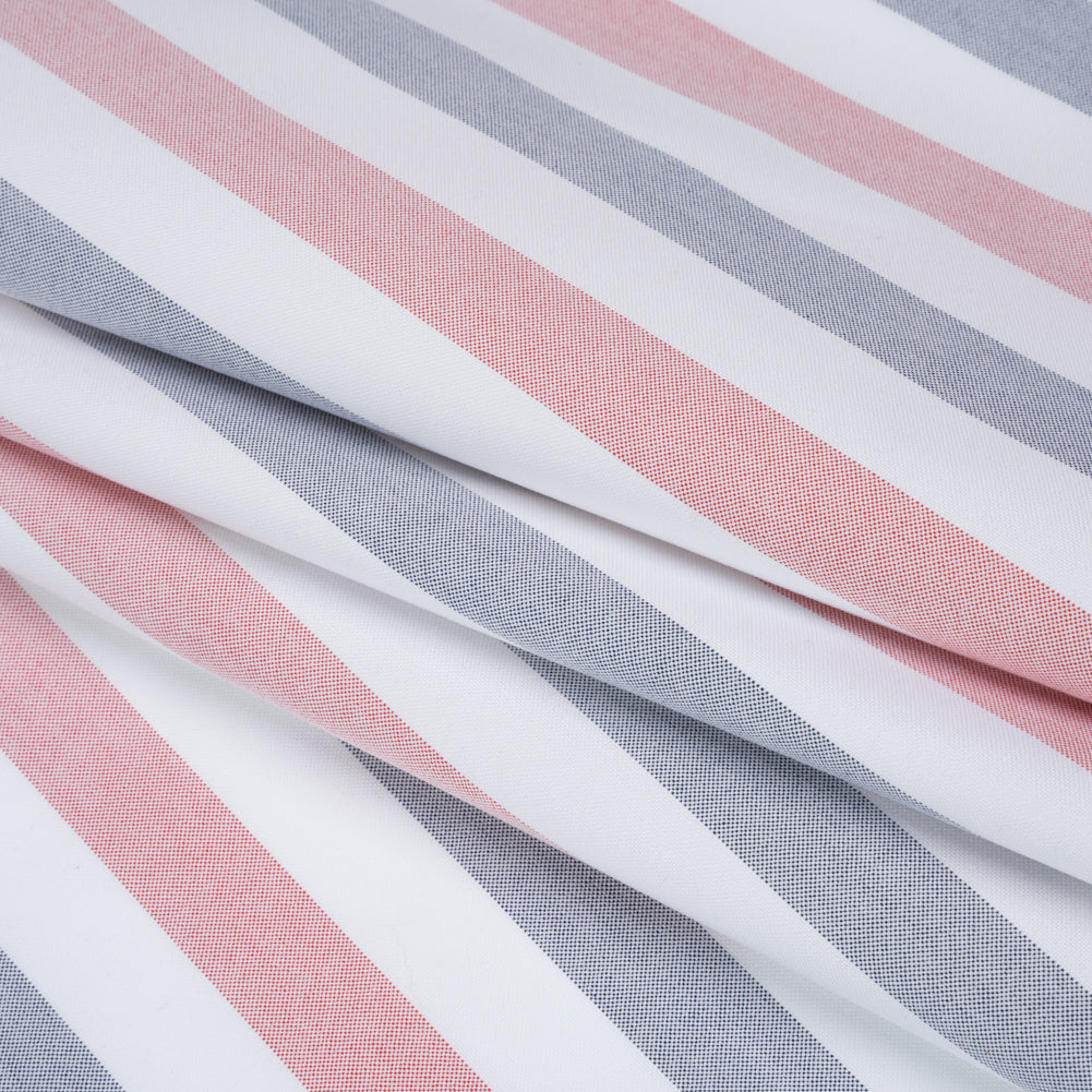 Cotton Oxford Shirting - Red, Midnight Blue and White Awning Stripes - Deadstock