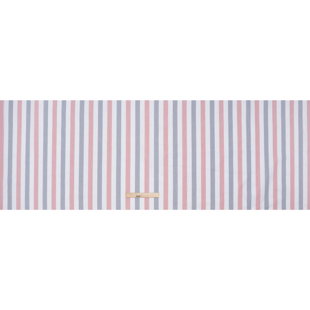 Cotton Oxford Shirting - Red, Midnight Blue and White Awning Stripes - Deadstock