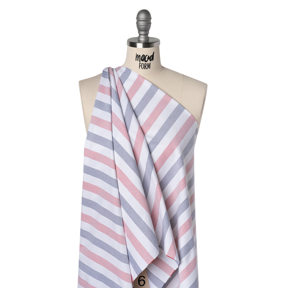Cotton Oxford Shirting - Red, Midnight Blue and White Awning Stripes - Deadstock