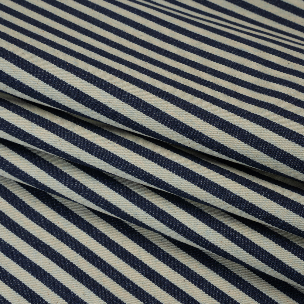 Flexible Cotton Twill Denim - Indigo and Natural Bengal Stripes - Deadstock Folded