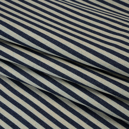 Flexible Cotton Twill Denim - Indigo and Natural Bengal Stripes - Deadstock Folded