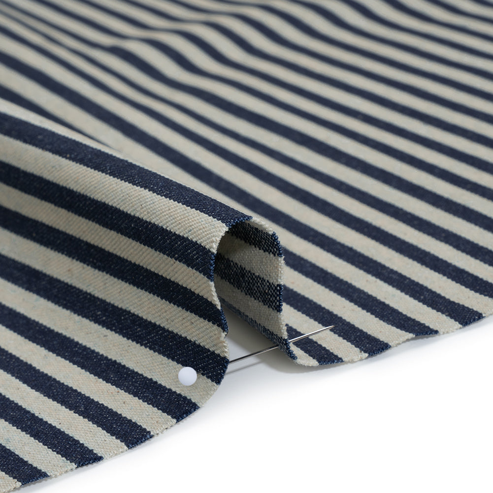 Flexible Cotton Twill Denim - Indigo and Natural Bengal Stripes - Deadstock Detail