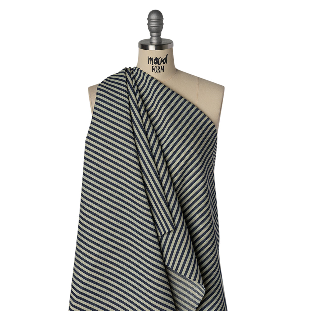 Flexible Cotton Twill Denim - Indigo and Natural Bengal Stripes - Deadstock Drape