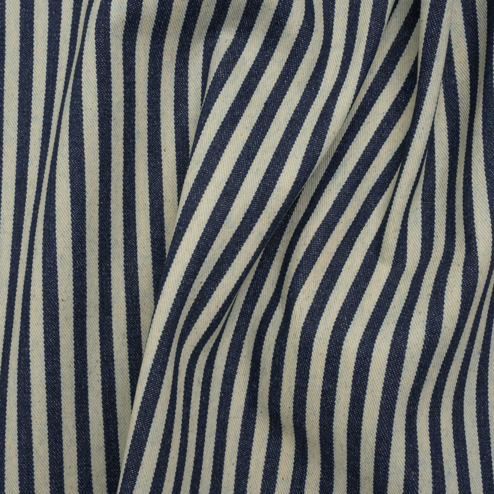 Flexible Cotton Twill Denim - Indigo and Natural Bengal Stripes - Deadstock