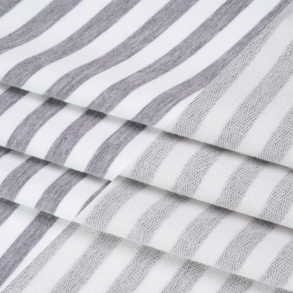 Stretch Cotton French Terry - Heathered Gray and White Stripes - Deadstock
