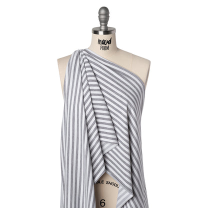 Stretch Cotton French Terry - Heathered Gray and White Stripes - Deadstock