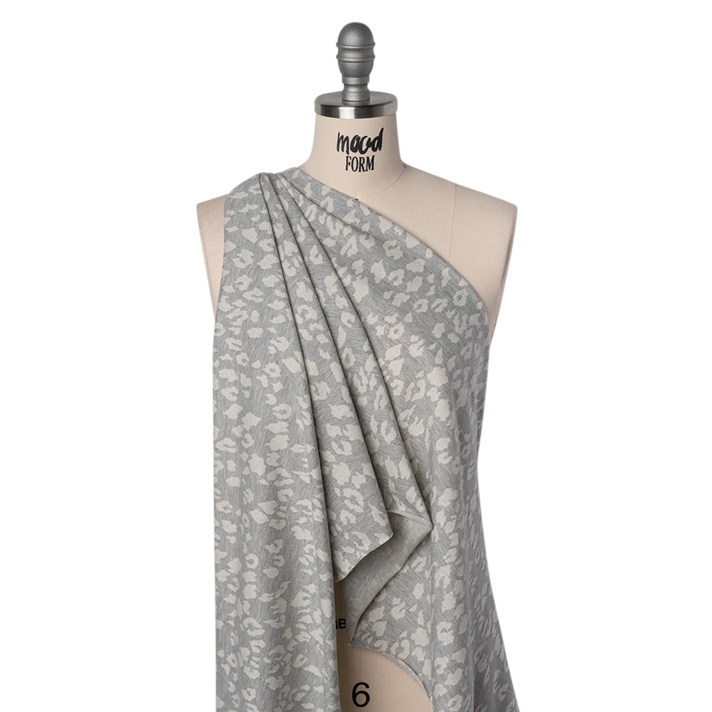 Cotton and Polyester Jacquard Knit French Terry - Heathered Gray and Ivory Leopard Spots - Deadstock