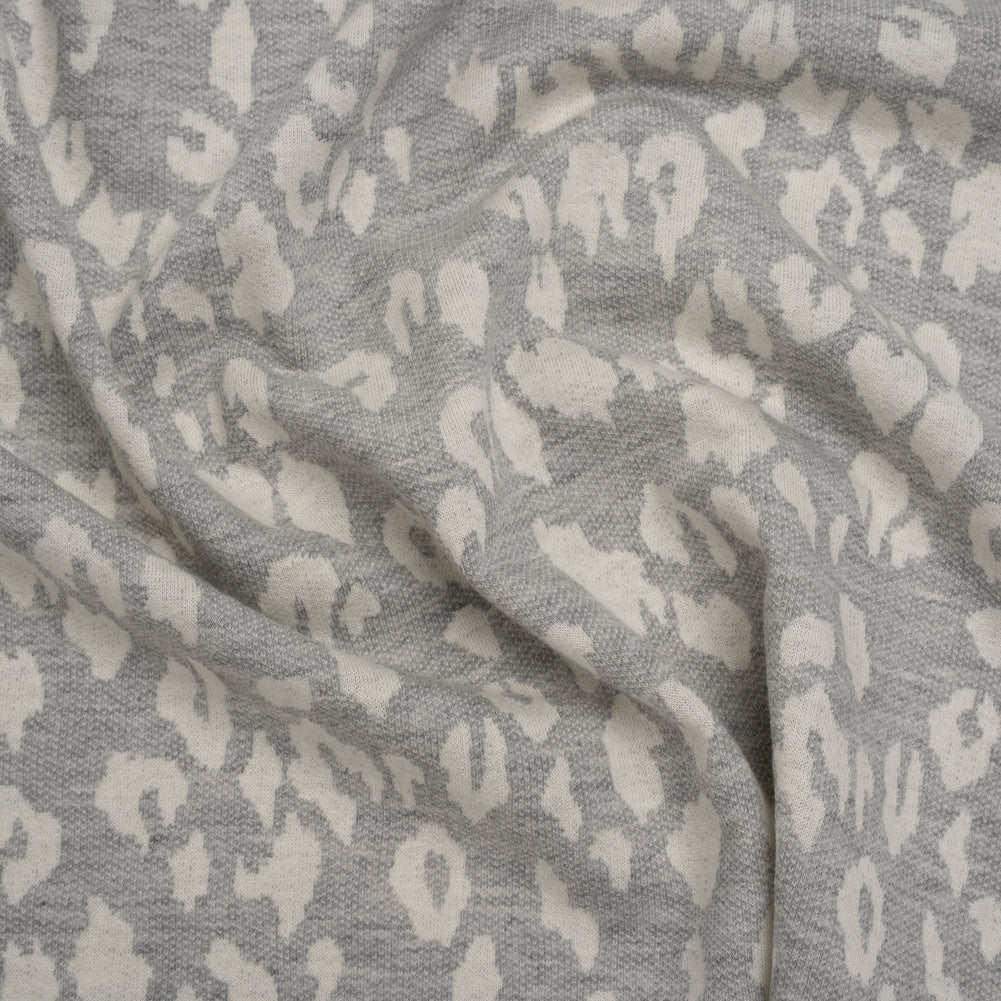 Cotton and Polyester Jacquard Knit French Terry - Heathered Gray and Ivory Leopard Spots - Deadstock