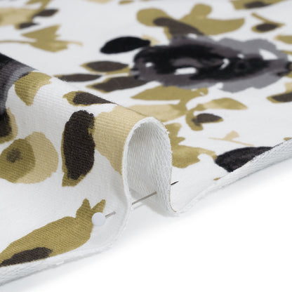Stretch Cotton French Terry - Olive, Black and White Abstract Roses Print - Deadstock
