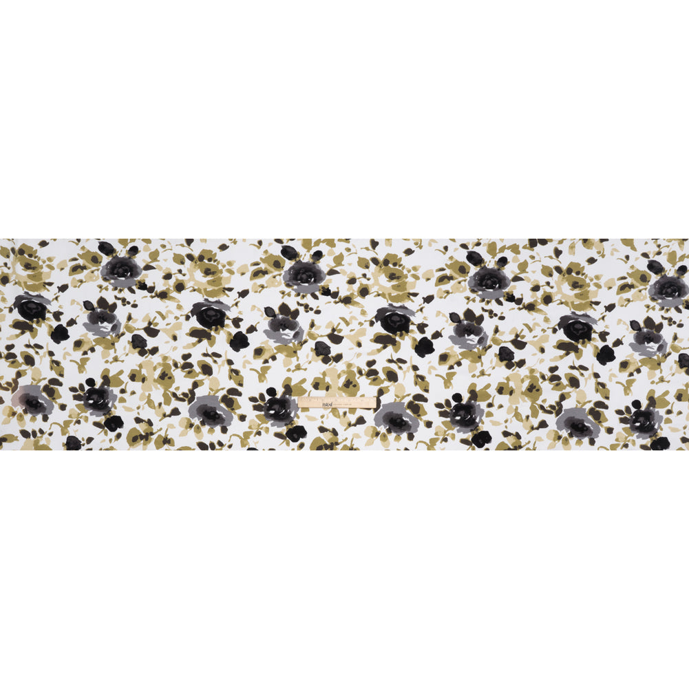 Stretch Cotton French Terry - Olive, Black and White Abstract Roses Print - Deadstock