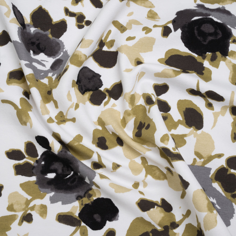Stretch Cotton French Terry - Olive, Black and White Abstract Roses Print - Deadstock