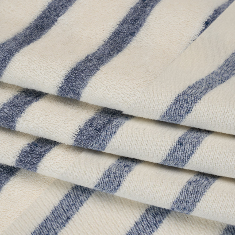 Plush Cotton Blend French Terry - Muted Blue and Off White Stripes - Deadstock