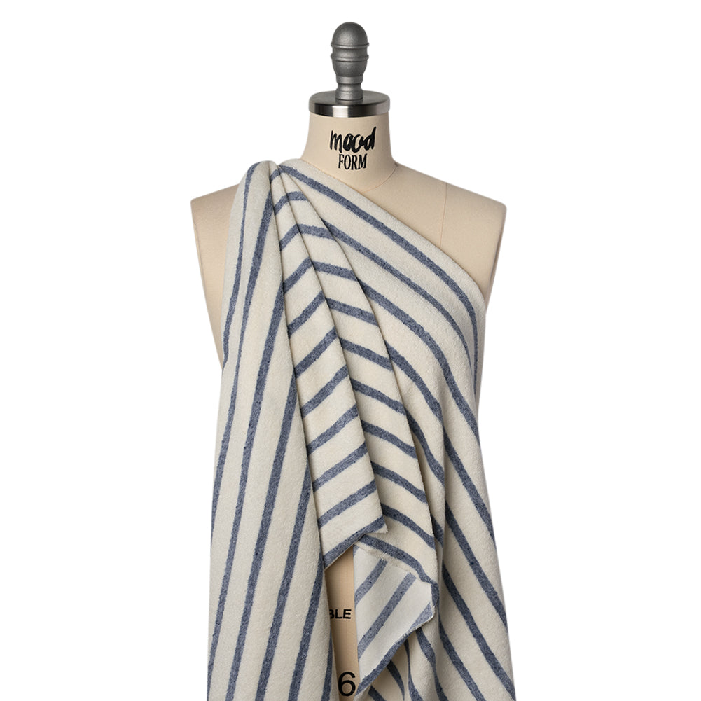 Plush Cotton Blend French Terry - Muted Blue and Off White Stripes - Deadstock
