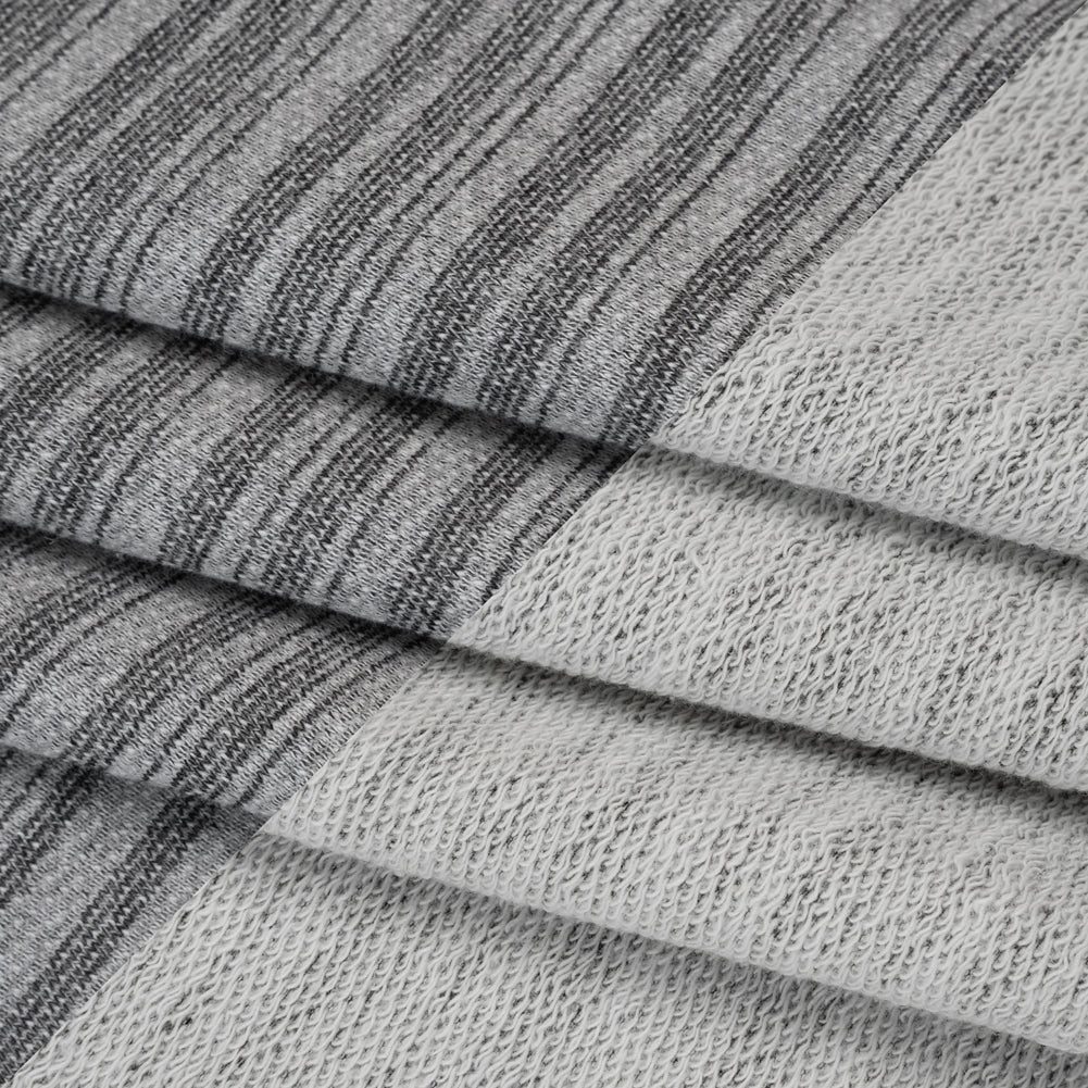 Cotton Blend French Terry - Heathered Light Gray and Charcoal Gradient Stripes - Deadstock