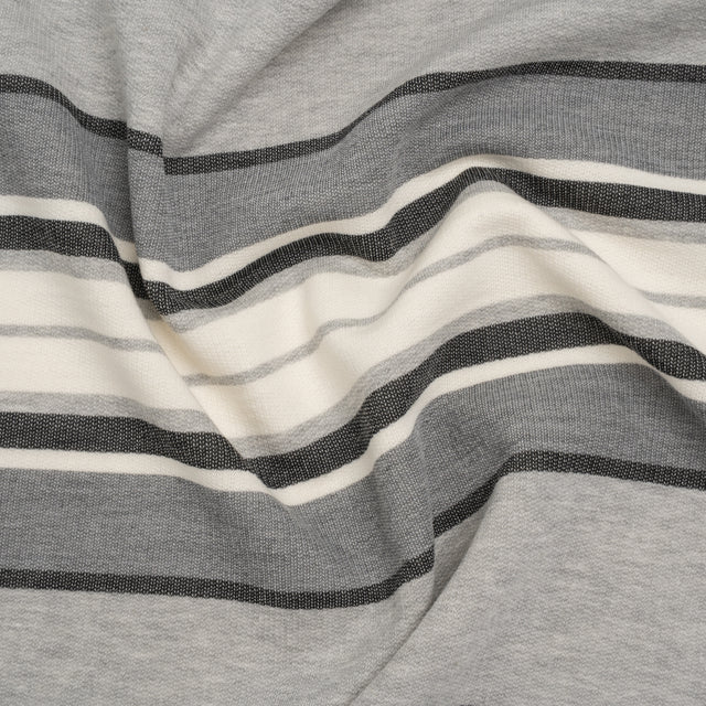 Cotton Sweatshirt Fleece - Heathered Gray, Charcoal and White Barcode Stripes - Deadstock