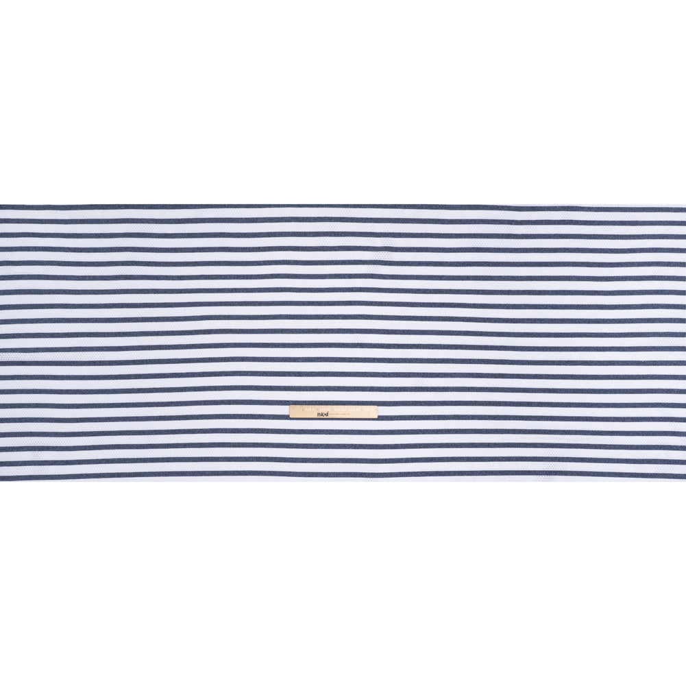 Stretch Polyester Jersey Knit Mesh - White Mesh and Heathered Navy Stripes - Deadstock