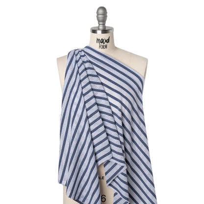 Stretch Polyester Jersey Knit Mesh - White Mesh and Heathered Navy Stripes - Deadstock