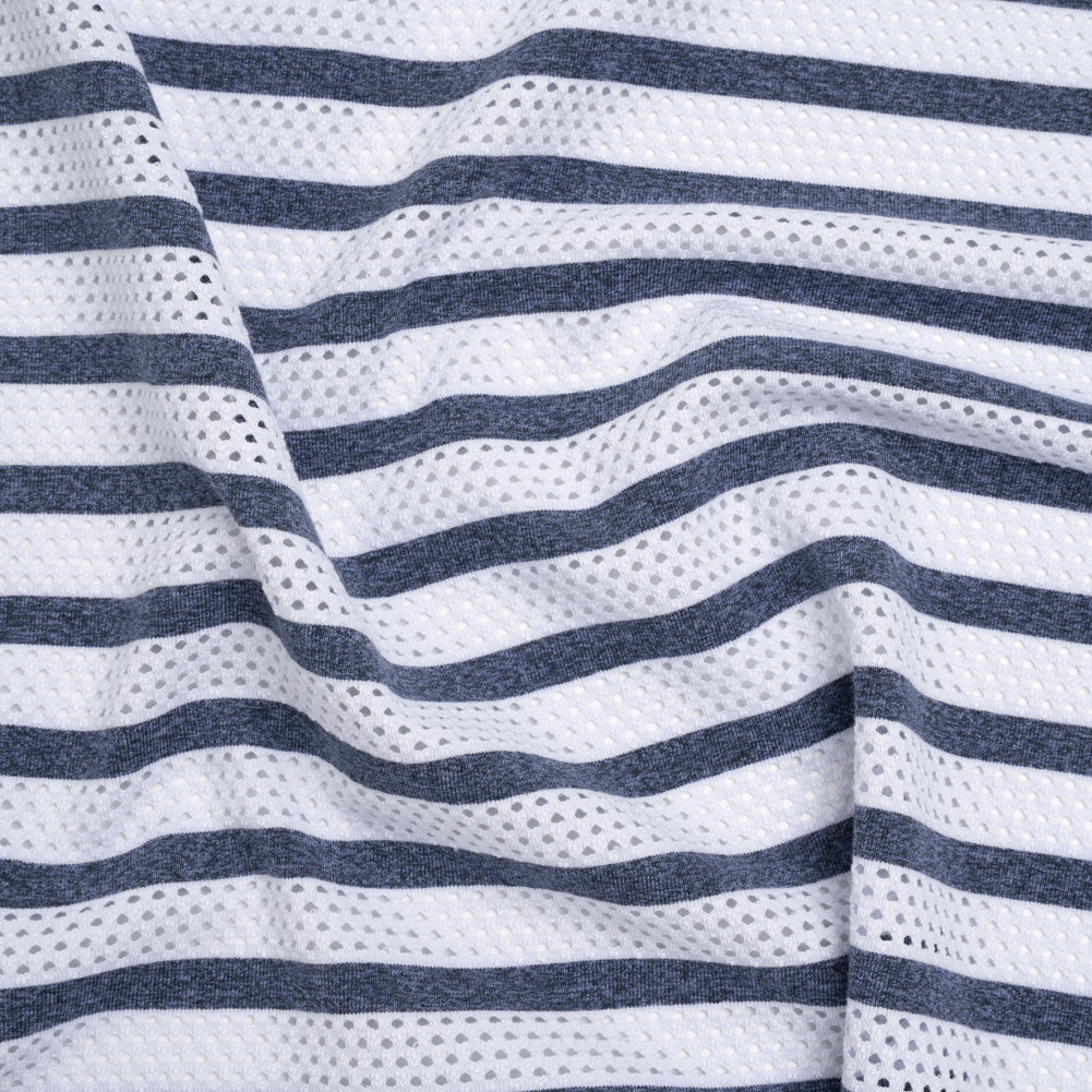 Stretch Polyester Jersey Knit Mesh - White Mesh and Heathered Navy Stripes - Deadstock