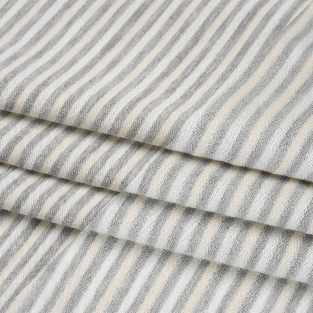 Polyester French Terry - Heathered Gray, Cream and White Stripes - Deadstock