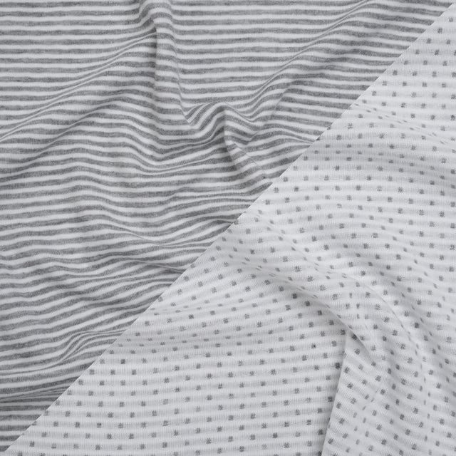 Rayon and Polyester Double Knit Jersey - Gray and White Stripes and Polka Dots - Deadstock
