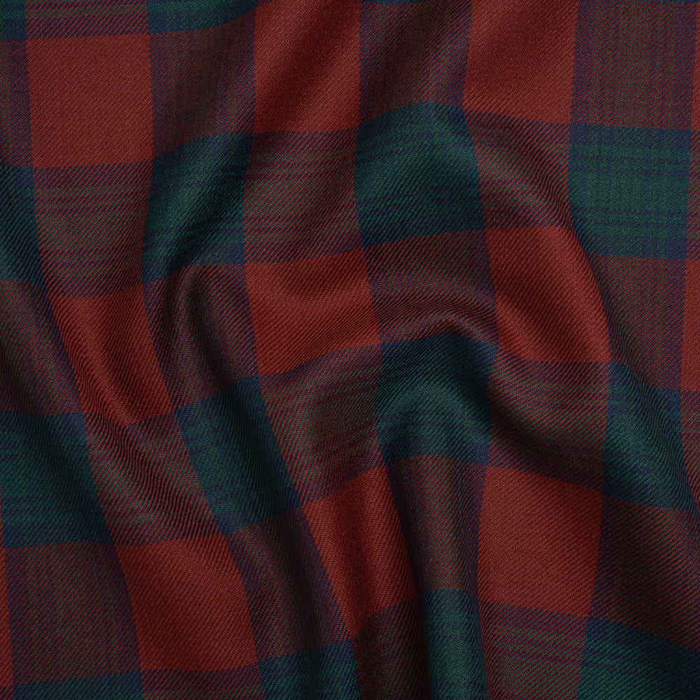 Virgin Wool Twill Made in Italy - Wine Red, Navy and Green Check Plaid