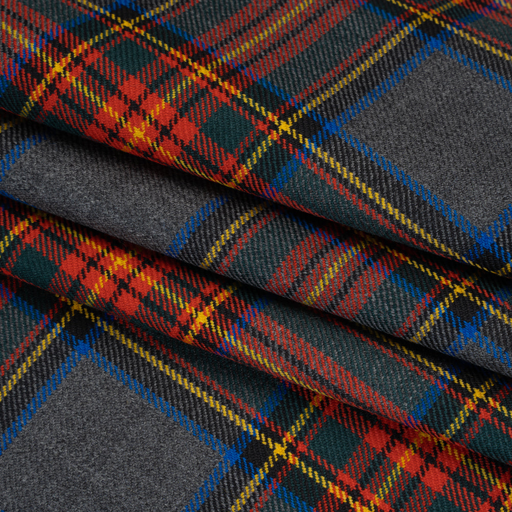 Virgin Wool Twill Made in Italy - Heathered Gray, Red and Yellow Plaid Folded