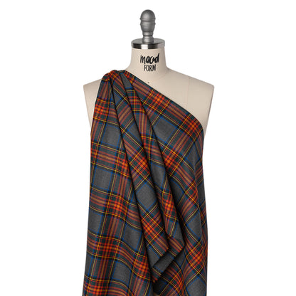 Virgin Wool Twill Made in Italy - Heathered Gray, Red and Yellow Plaid Drape