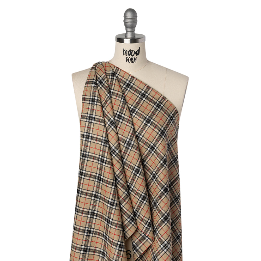 Virgin Wool Twill Made in Italy - Beige, Black and Red Classic Plaid