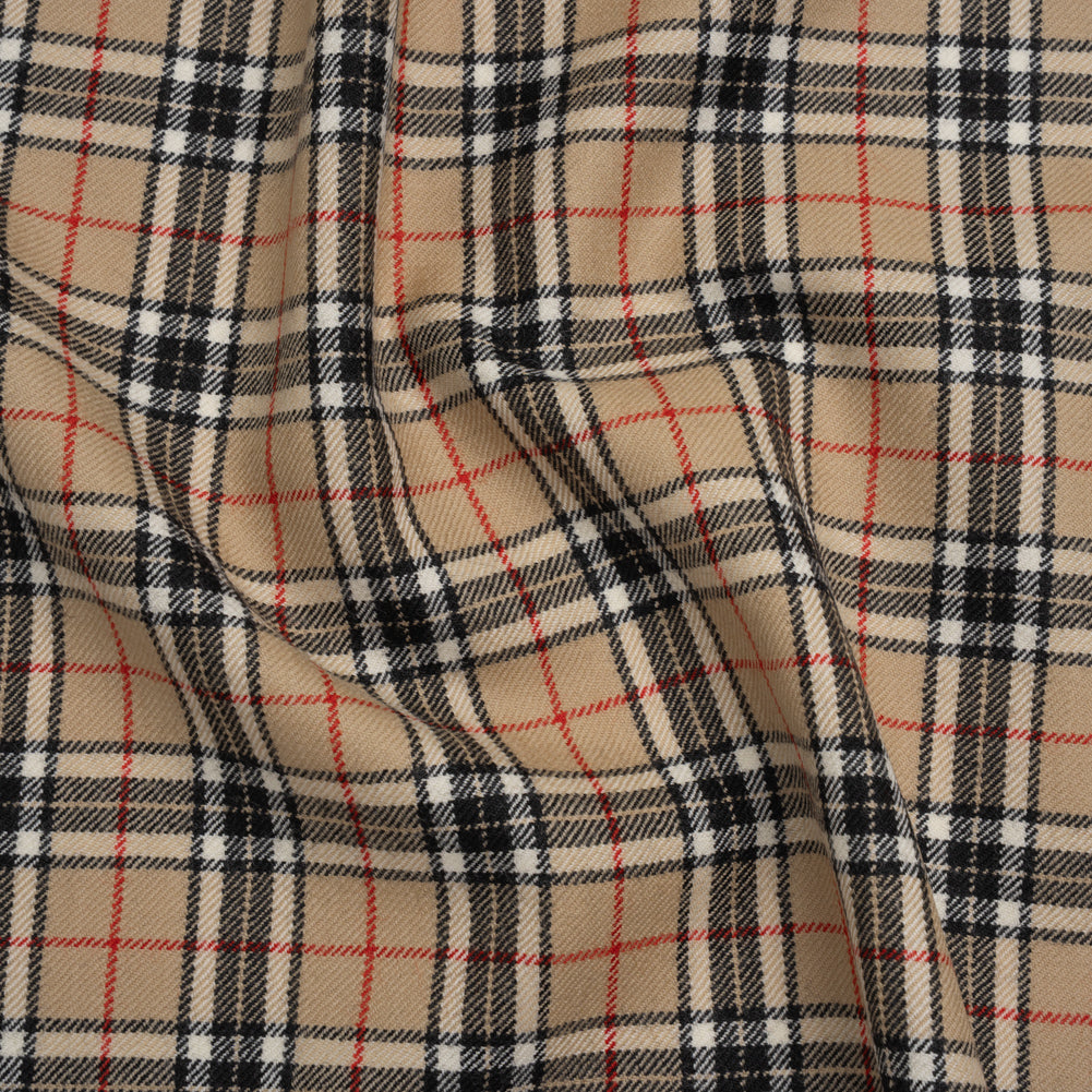 Virgin Wool Twill Made in Italy - Beige, Black and Red Classic Plaid