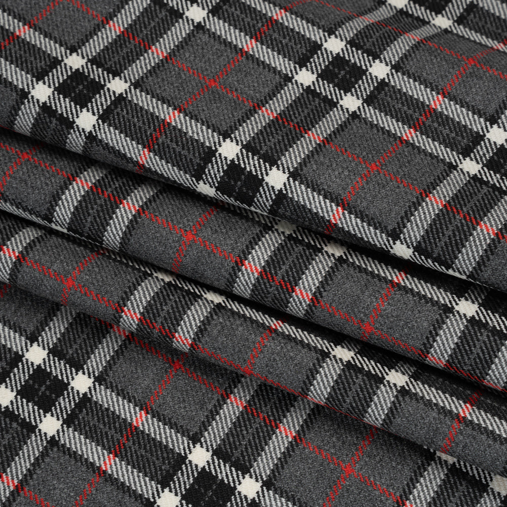 Virgin Wool Twill Made in Italy - Gray, Black and Red Classic Plaid Folded