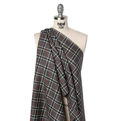 Virgin Wool Twill Made in Italy - Gray, Black and Red Classic Plaid Drape