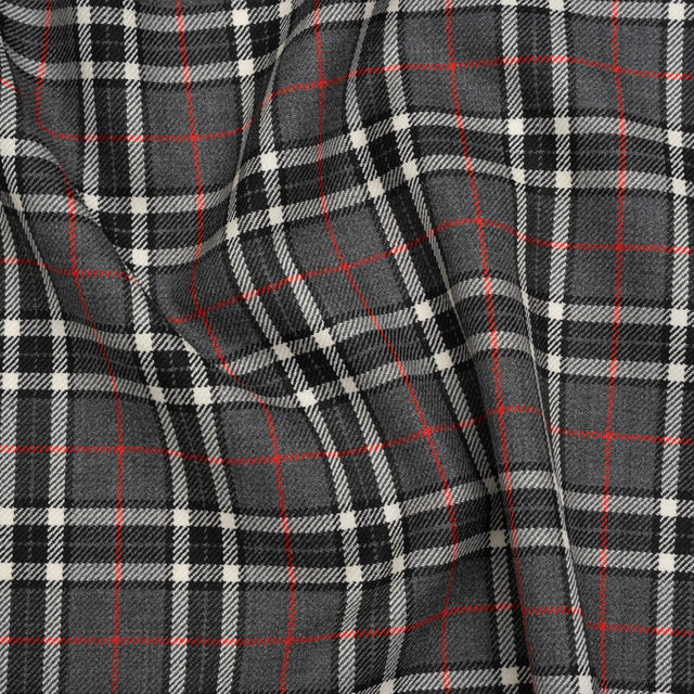 Virgin Wool Twill Made in Italy - Gray, Black and Red Classic Plaid