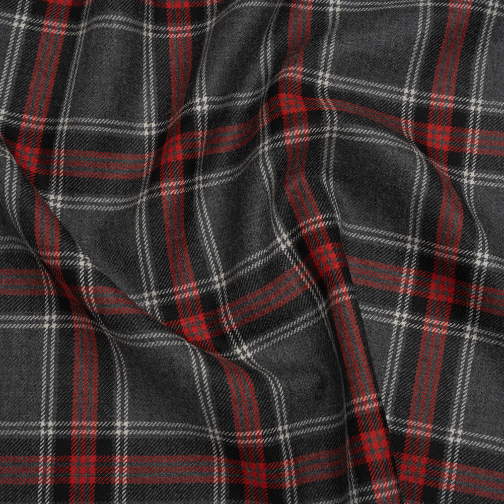 Virgin Wool Twill Made in Italy - Heathered Gray and Red Plaid