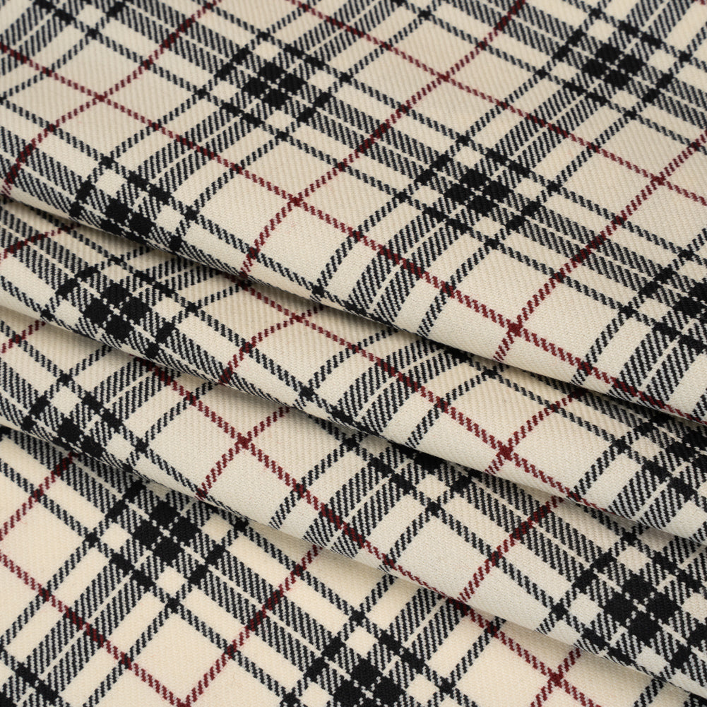Virgin Wool Twill Made in Italy - Off White, Black and Wine Red Plaid