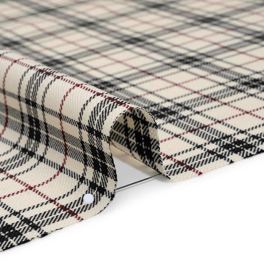 Virgin Wool Twill Made in Italy - Off White, Black and Wine Red Plaid