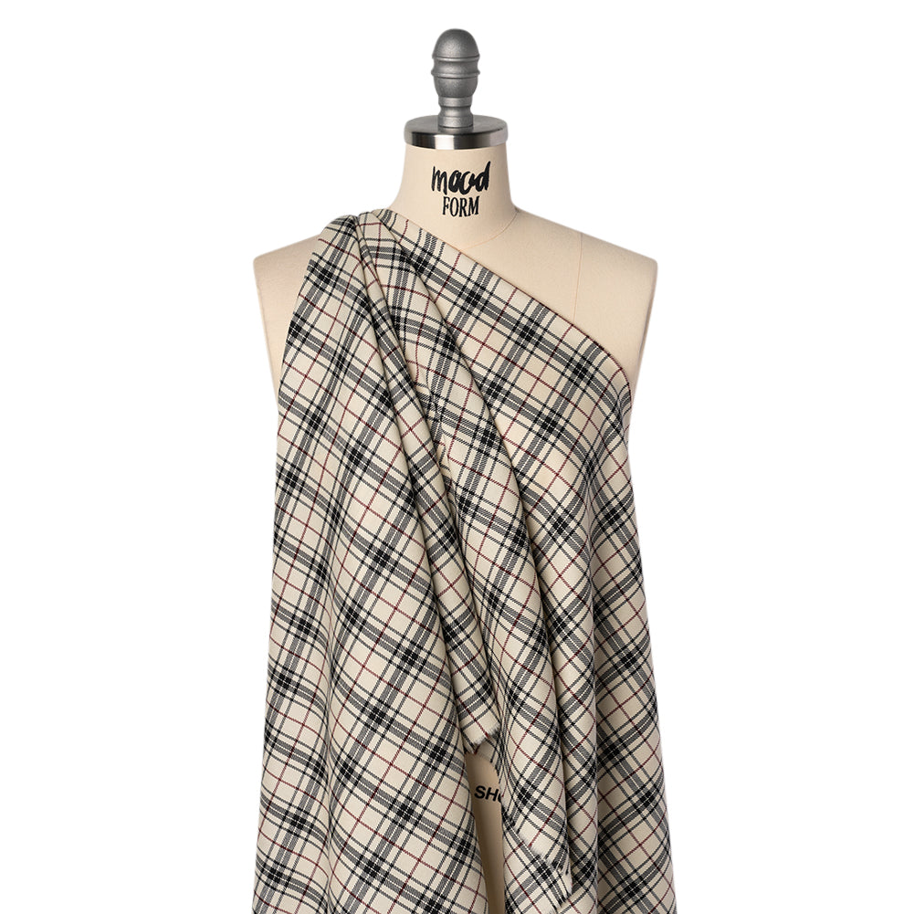 Virgin Wool Twill Made in Italy - Off White, Black and Wine Red Plaid
