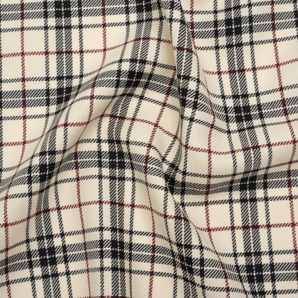 Virgin Wool Twill Made in Italy - Off White, Black and Wine Red Plaid