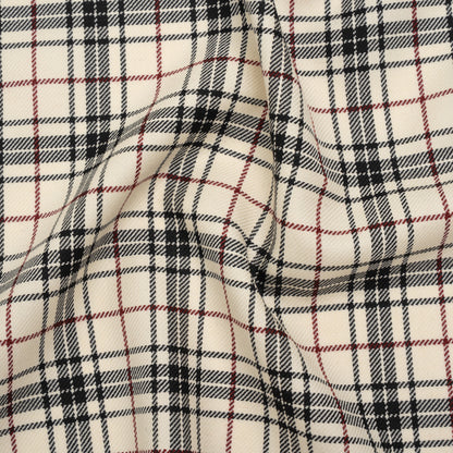 Virgin Wool Twill Made in Italy - Off White, Black and Wine Red Plaid