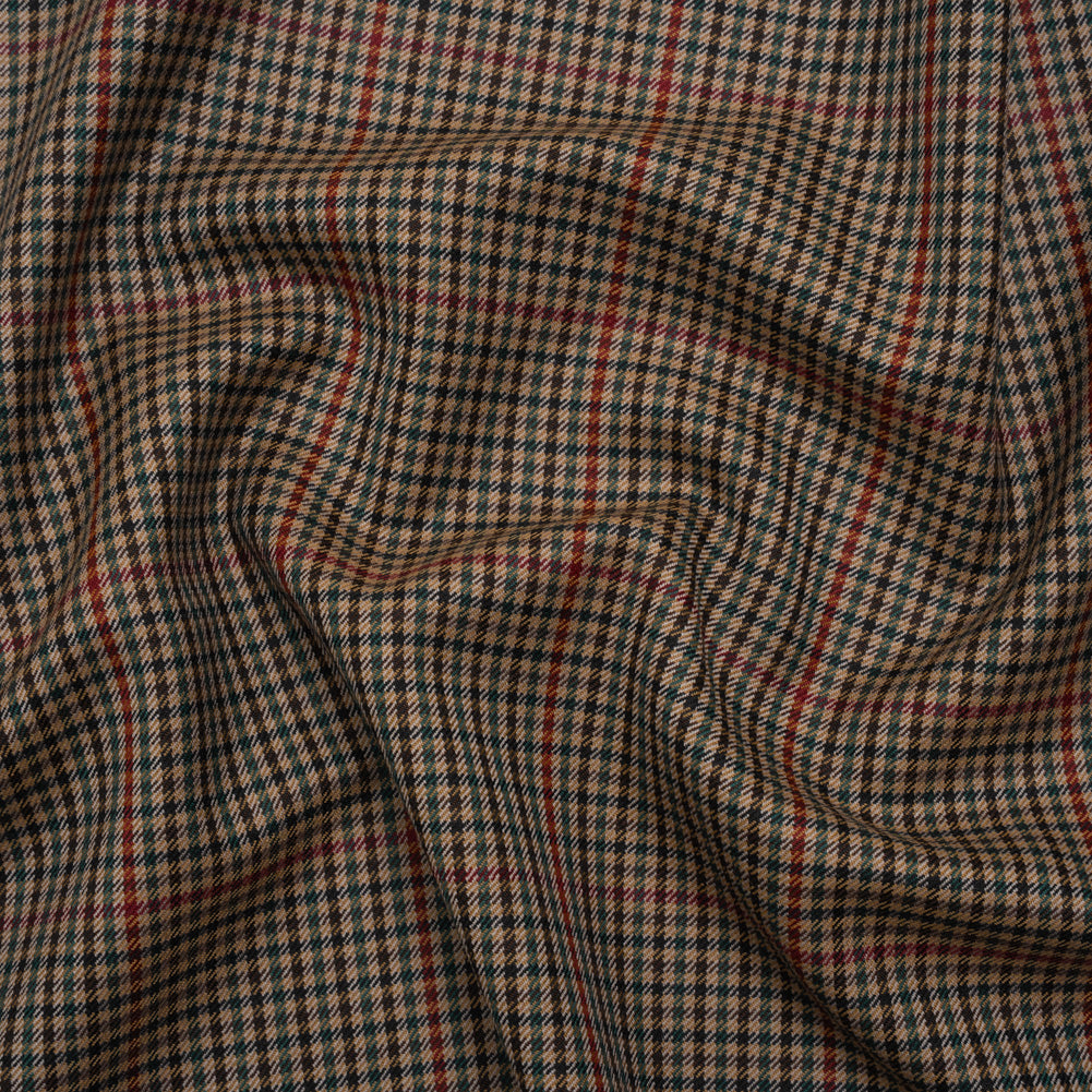 Virgin Merino Wool Twill Suiting Made in Italy - Brown, Red and Blue Checks