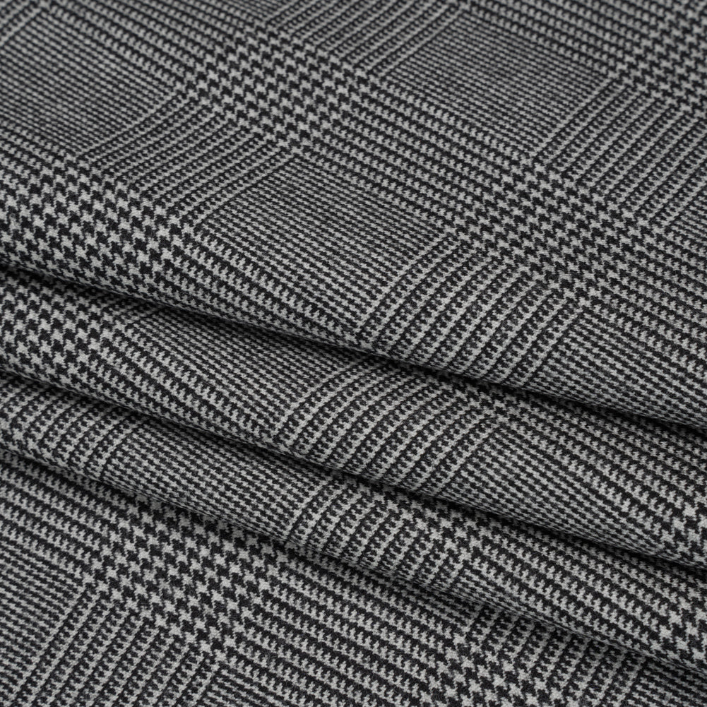 Brushed Virgin Merino Wool Twill - Black and White Glen Plaid - Folded